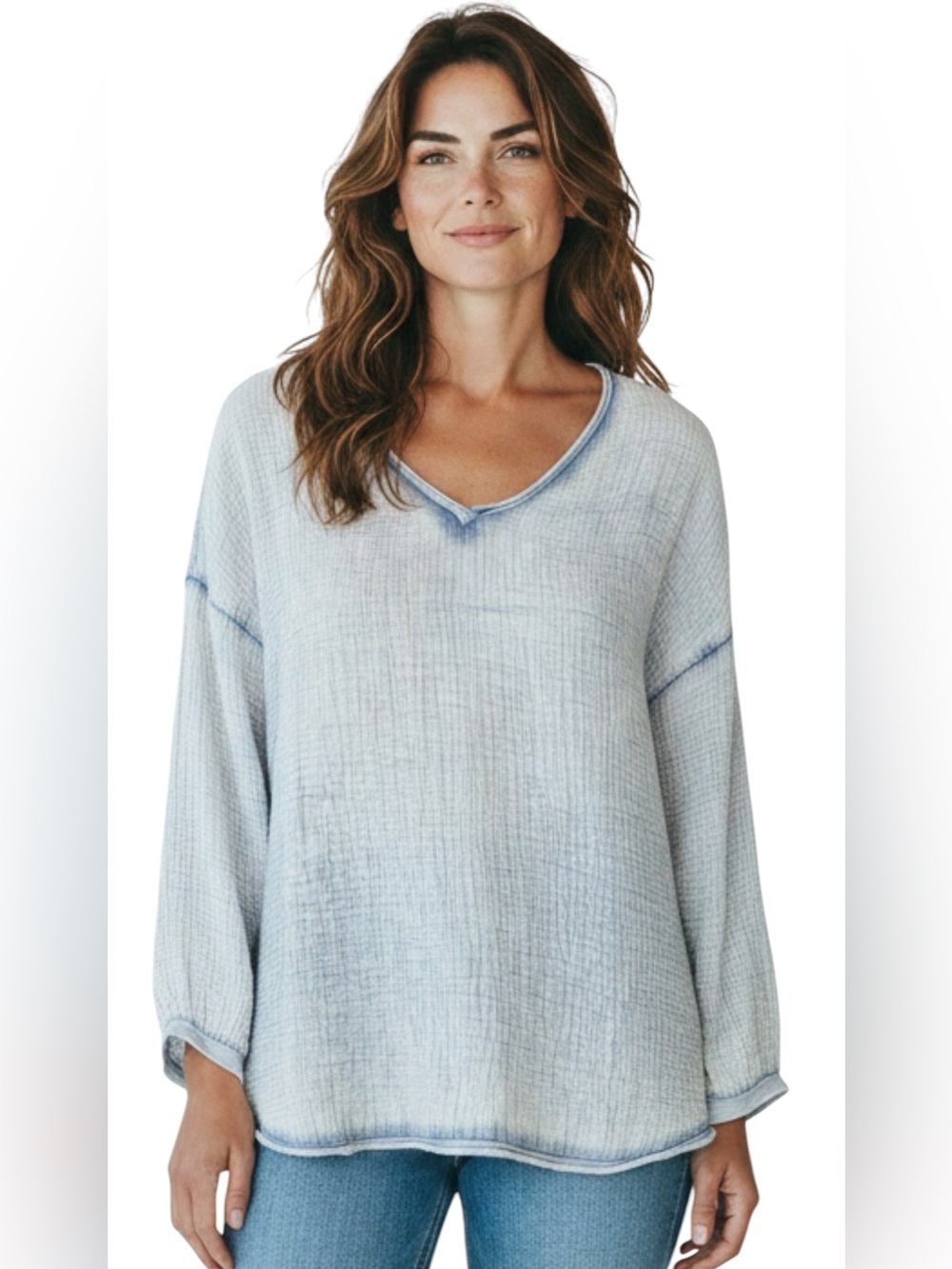 MADE IN ITALY brand Light Blue Textured V-Neck Guaze Women's Oversized Top, S